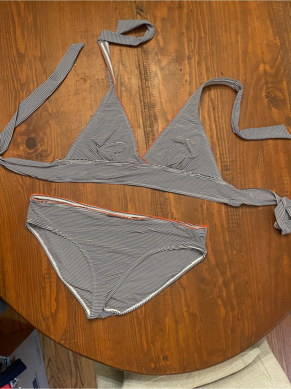 Anne Cole Navy and White Striped Triangle Bikini with Orange Trim